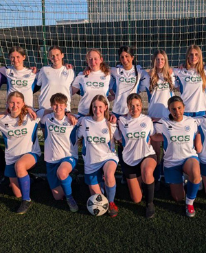 Hitchin Belles FC football shirts featuring the CCS Contractors Ltd sponsor logo.